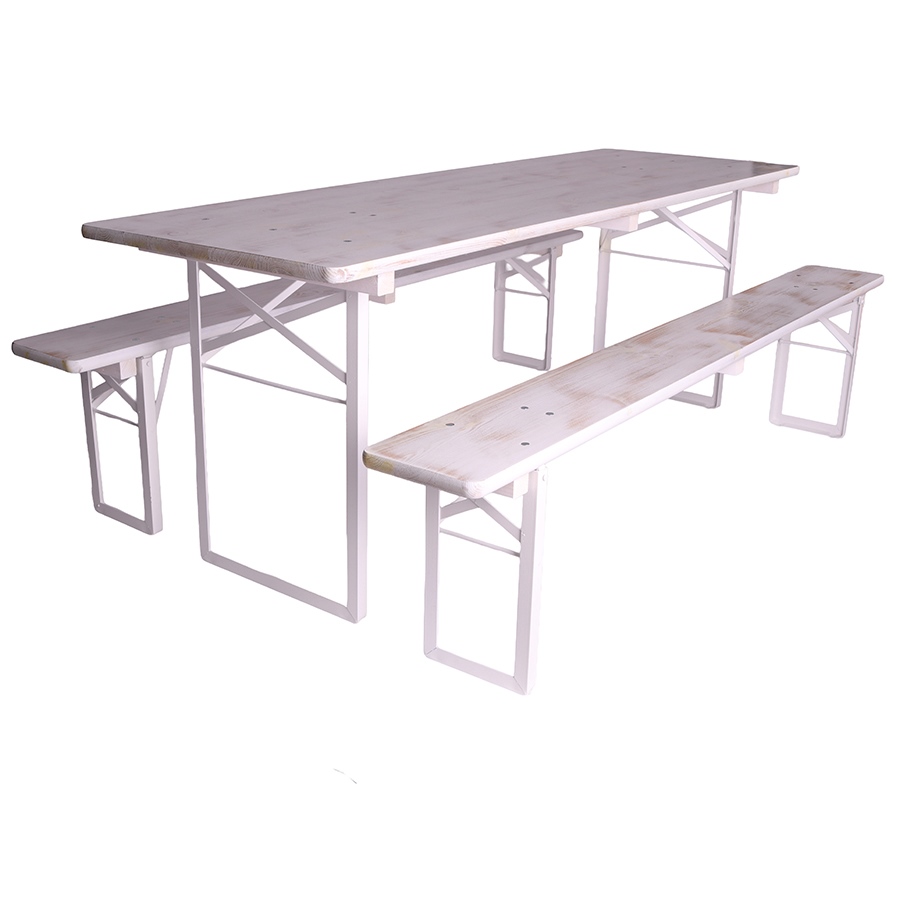 Set van biertafel 220 x 70cm en 2 bierbanken (white wash)